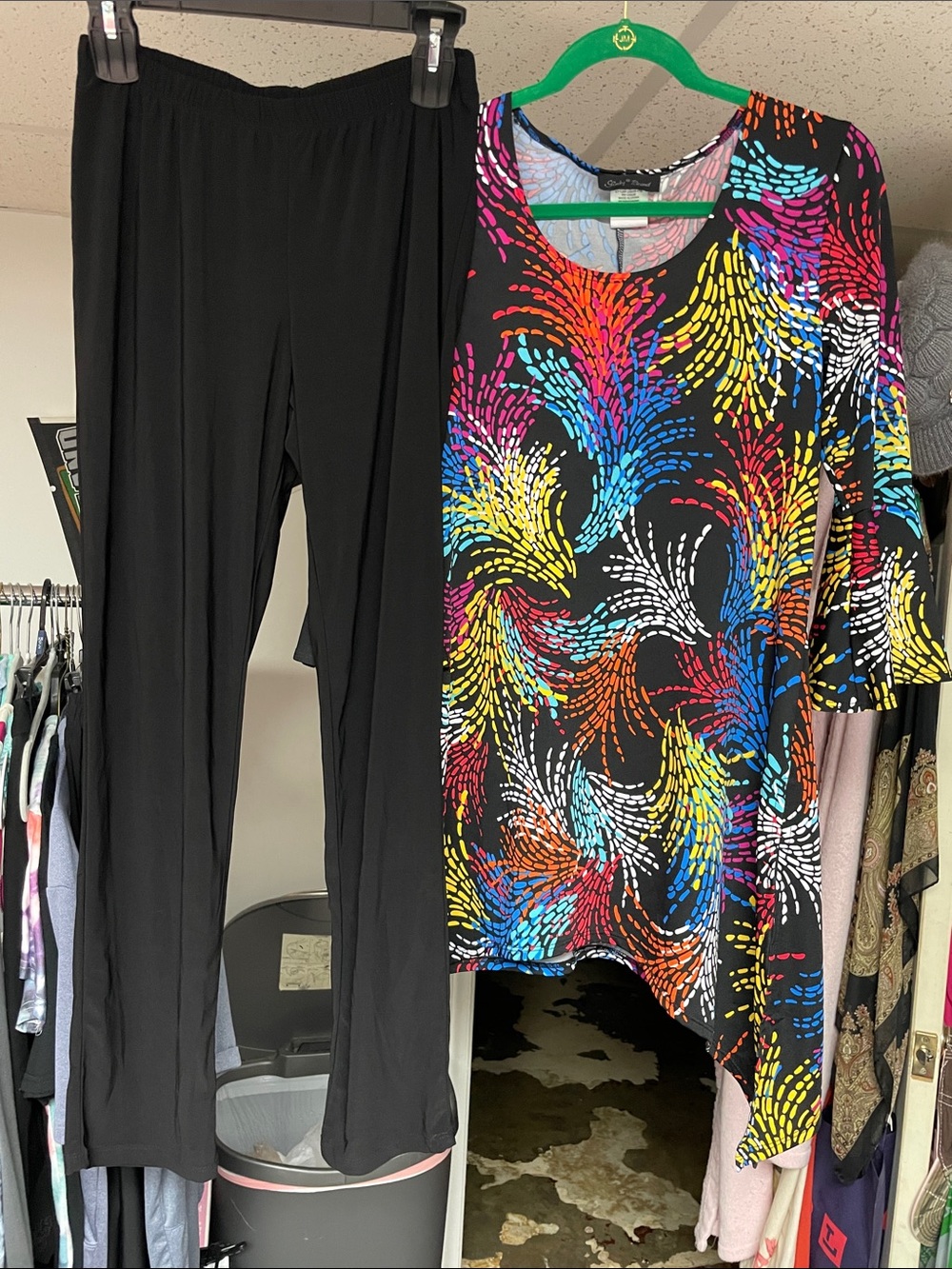 Women's Black Straight-Leg Pull-On Pants with Multicolor Swirl Tunic